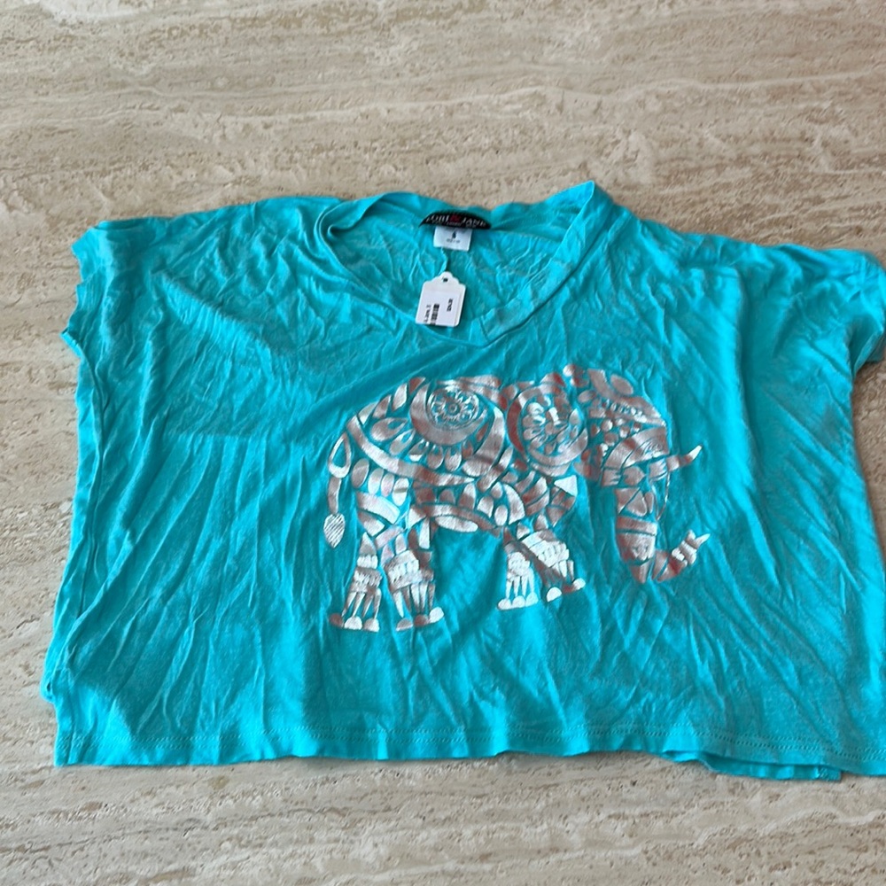 NWT Lori & Jane turquoise silver Elephant Hi-Low Top. (Girls size small)